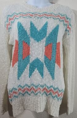 Ellison Ellison White Teal Orange Popcorn Knit Aztec Sweater Top Large Soft